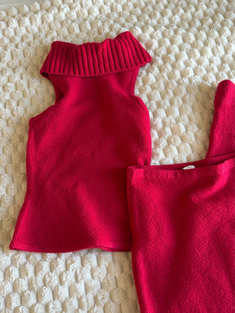 Meshki Bright Red Sleeveless Knit Turtleneck Top and maxi skirt